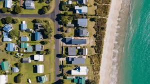 Aerial view of houses and beach